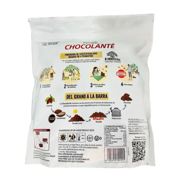 Empaque de Chocolante Puratos 1Kg 58% Cacao. Reverso