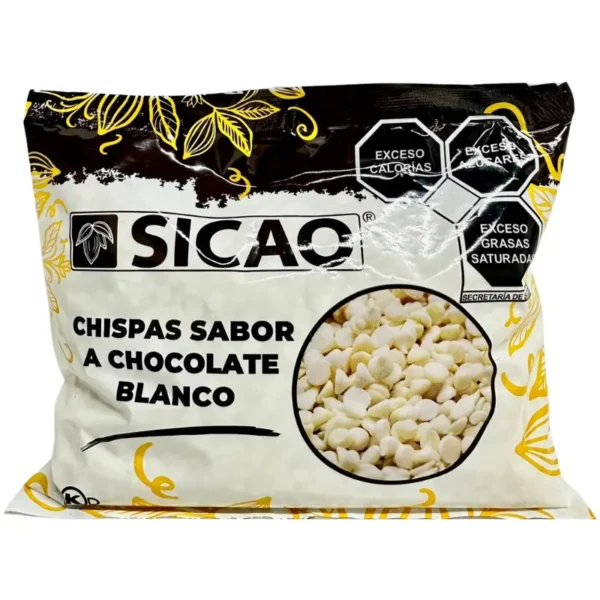 Empaque de la marca Sicao cn Chispas Sabor Chocolate Blanco de 500gr. Frente