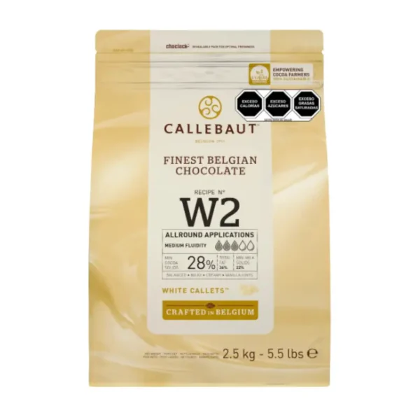Empaque de Chocolate Blanco, marca Callebaut W2 bolsa de 2.5 kg Frente