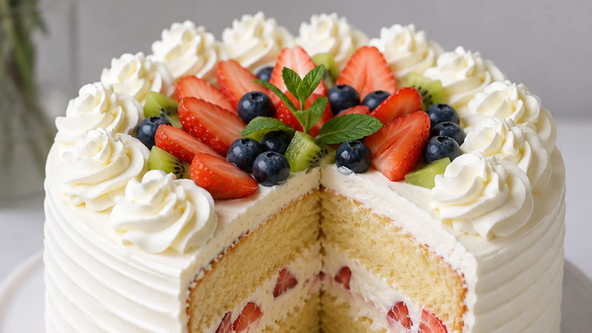 Pastel de Vainilla con Relleno de Crema y Fruta